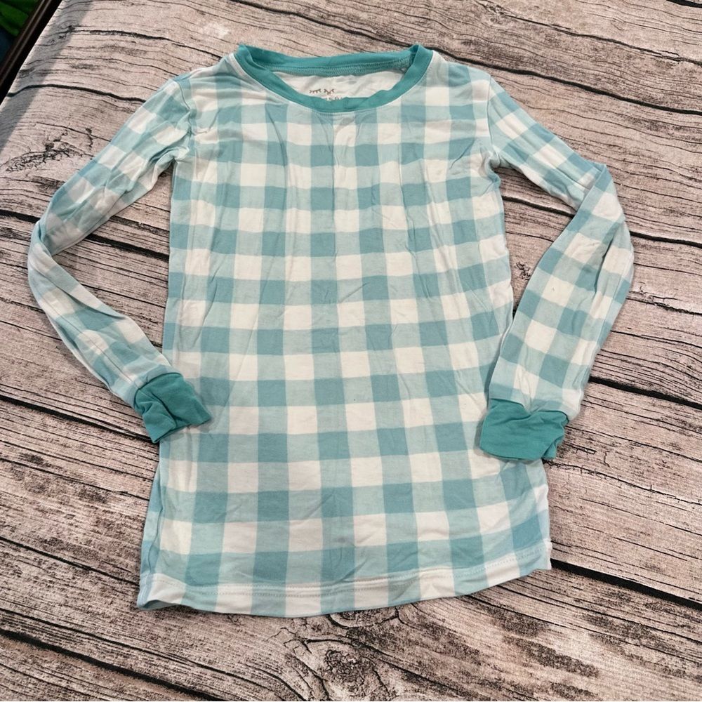 Little Sleepies Teal and White Checkered Long Sleeve Bamboo Pajama Top Size 5/6